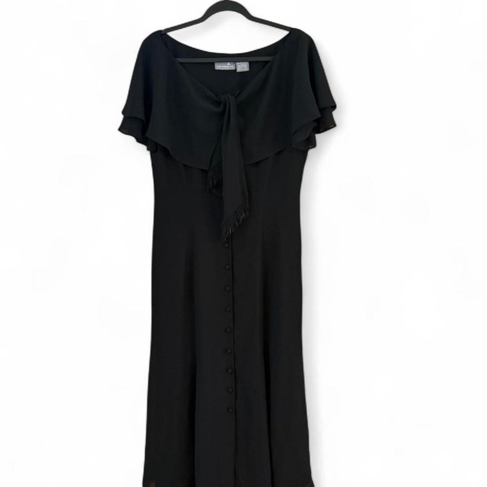 Vintage Liz Claiborne Black Short Sleeve Beaded Fringe Maxi Dress Size 12